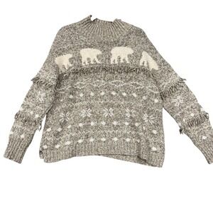 LOFT Sweater Womens XL Gray Fair Isle Polar Bear Fringe Mock Neck‎ Pullover